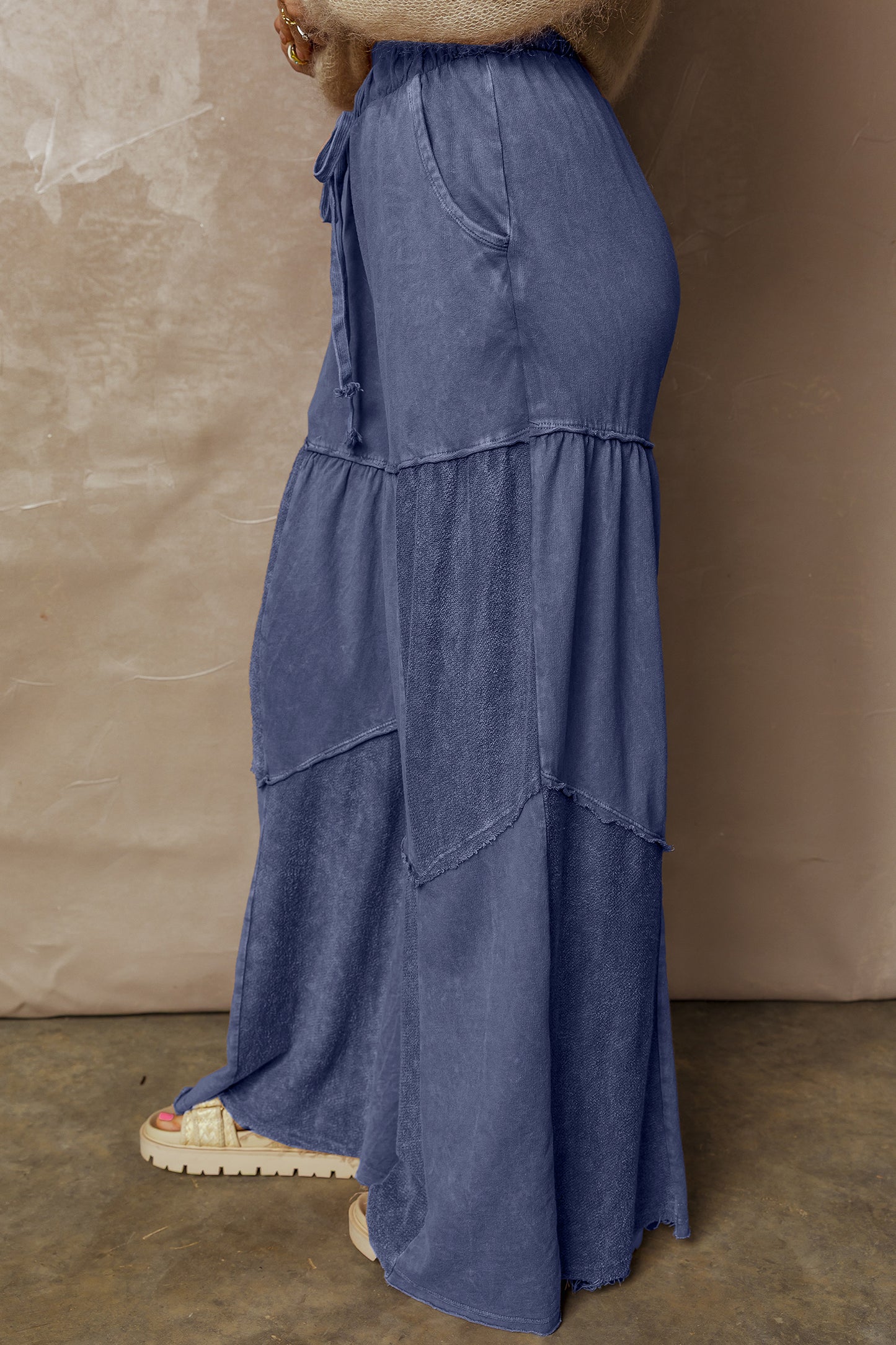 Straw Yellow Mineral Wash Tiered Wide Leg Patchwork Drawstring Pants