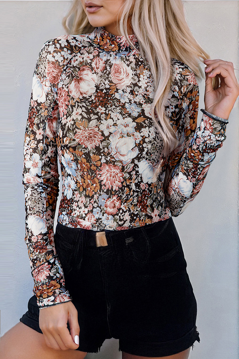 ' Brown Floral Long Sleeve High Neck Sheath Mesh Blouse
