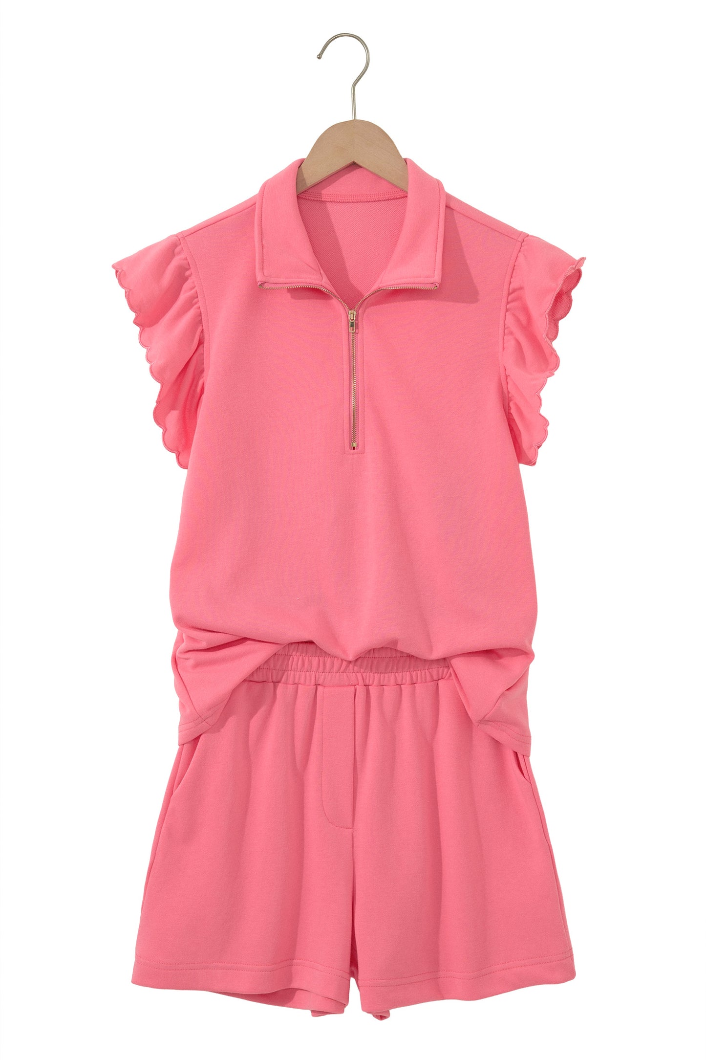 Sky Blue Half Zipped Ruffled Short Set