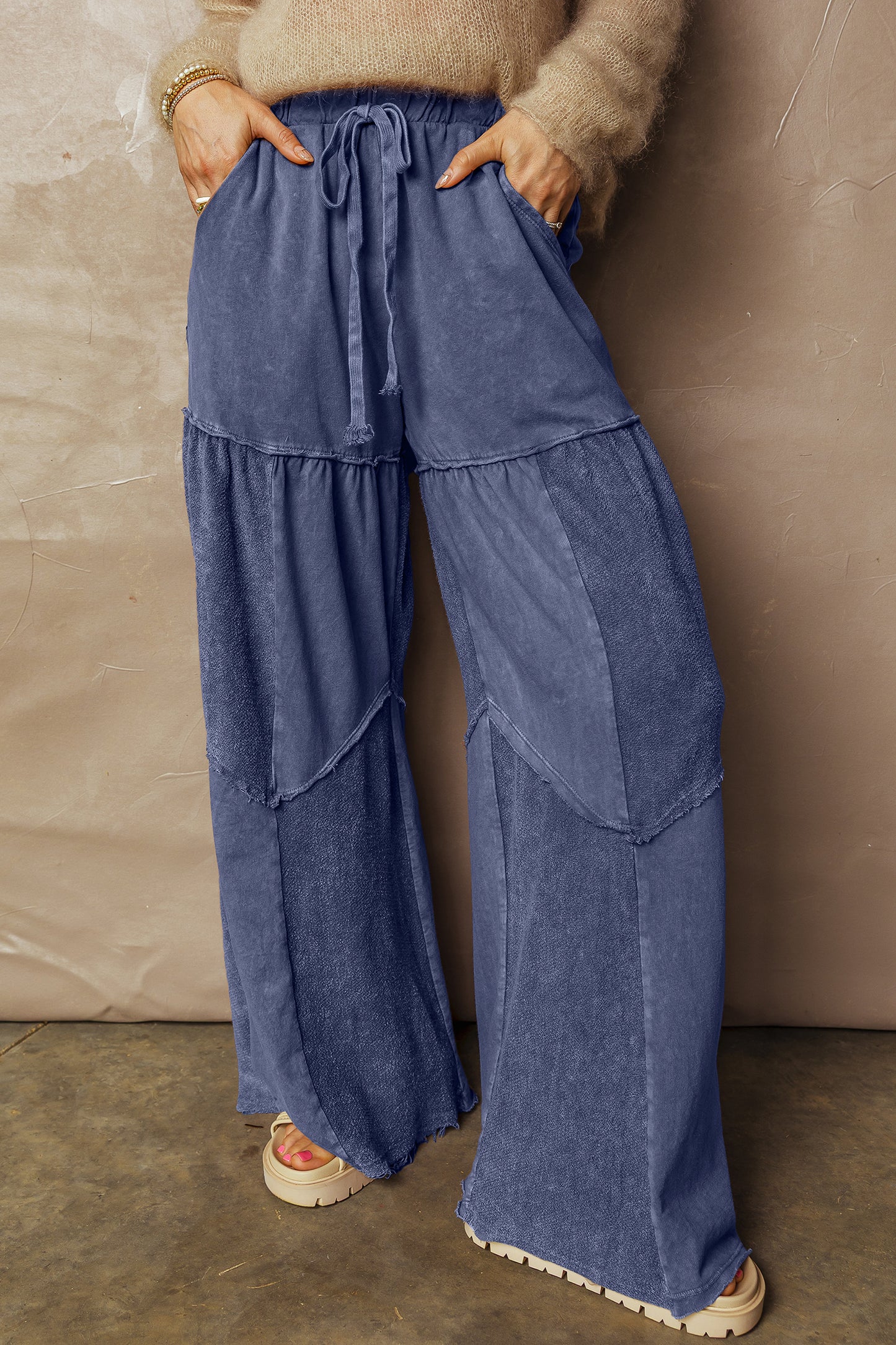 Straw Yellow Mineral Wash Tiered Wide Leg Patchwork Drawstring Pants