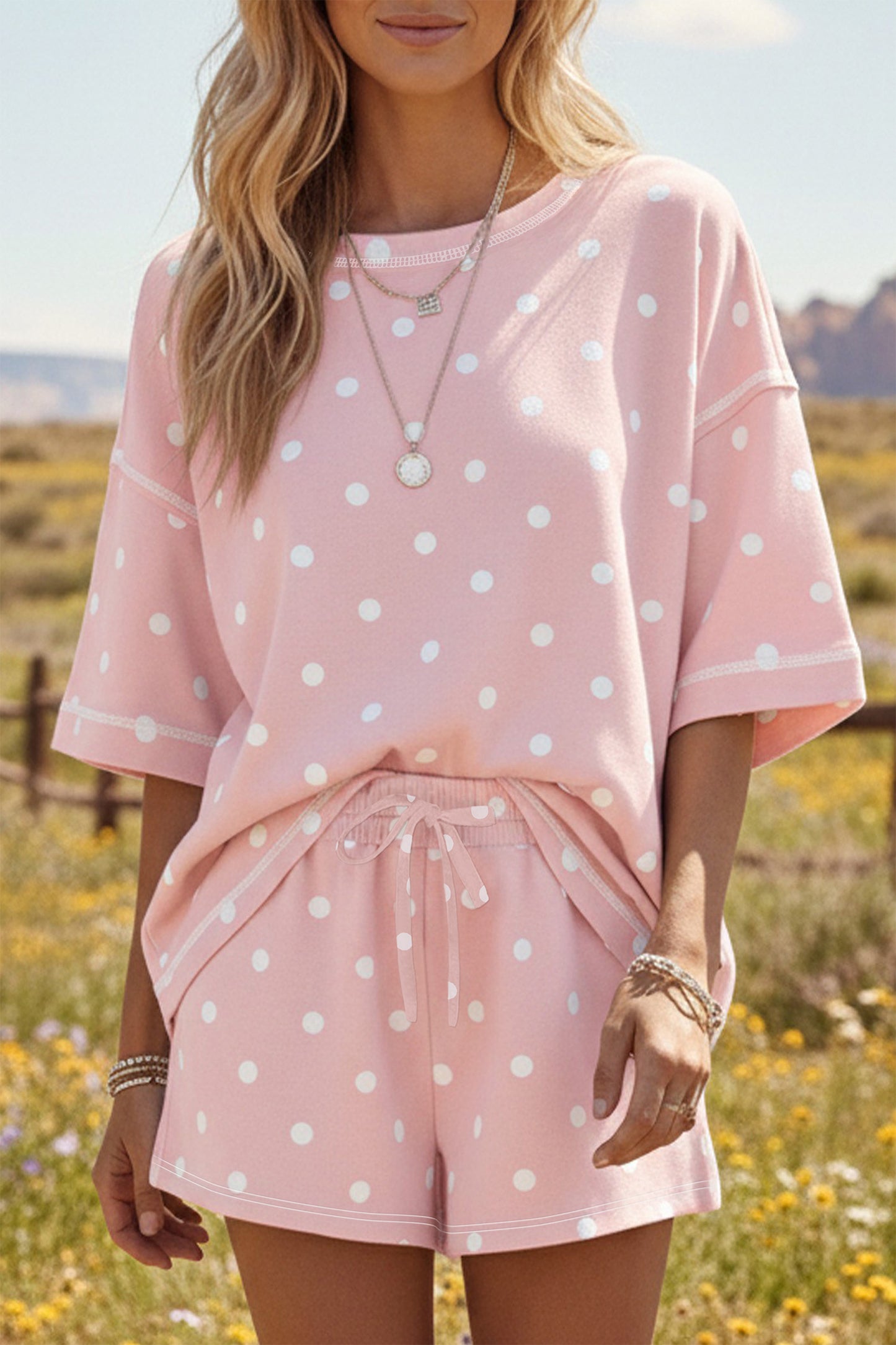 Yellow Exposed Seam Detail Polka Dot Loose Tee Drawstring Shorts Set