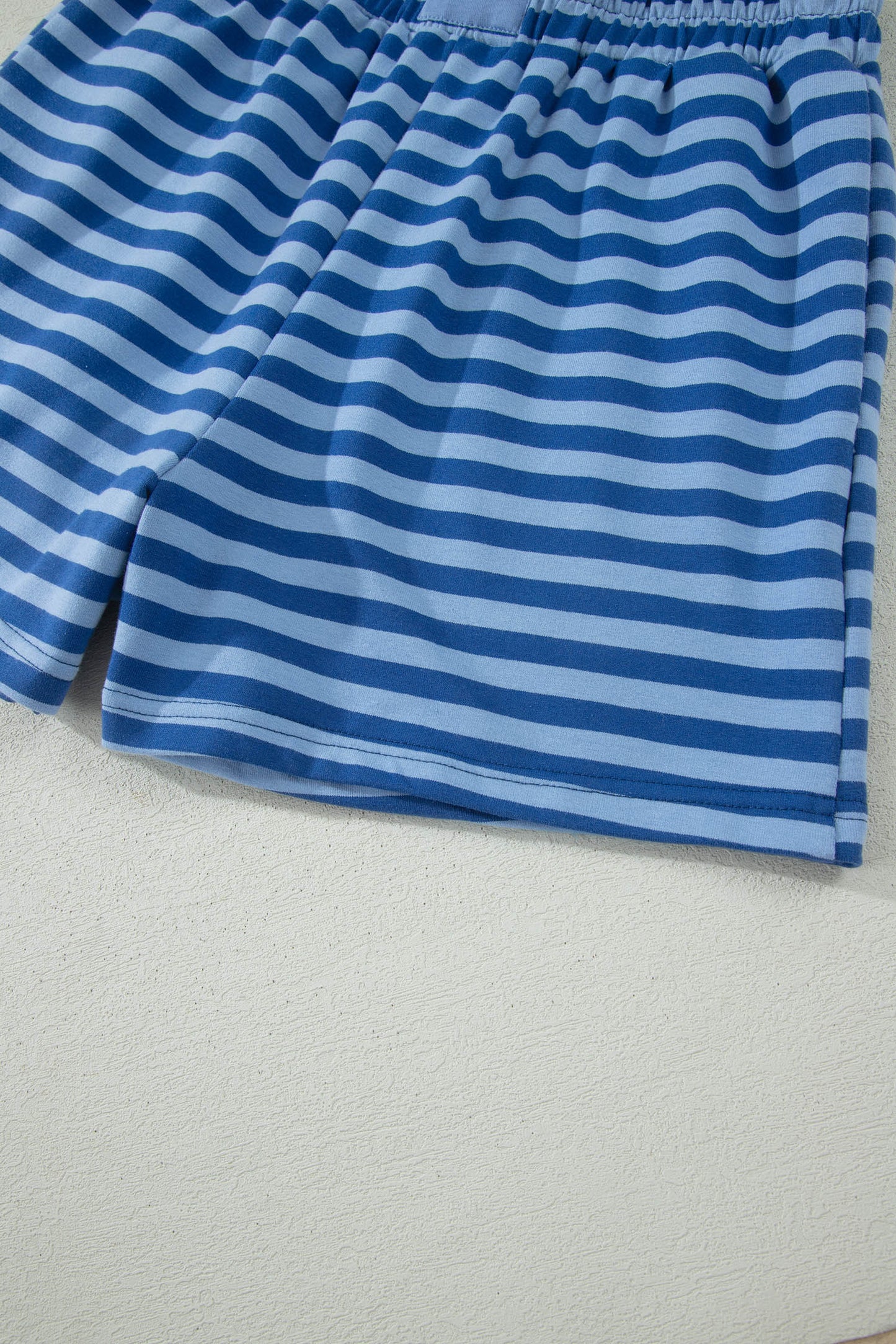 Navy Stripe Striped Ribbed Cotton Two-Piece Short Set with Chest Patch Detail