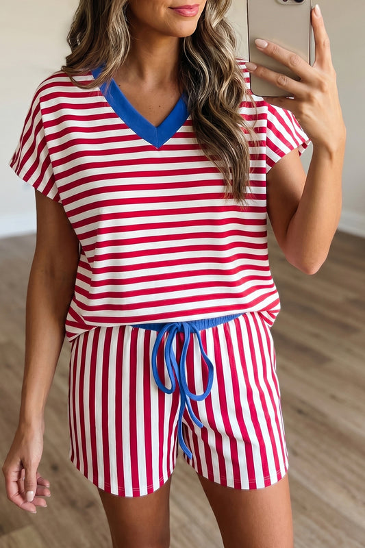 Yellow Stripe Colorblock Trim V Neck Tee Drawstring Elastic Waist Short Set
