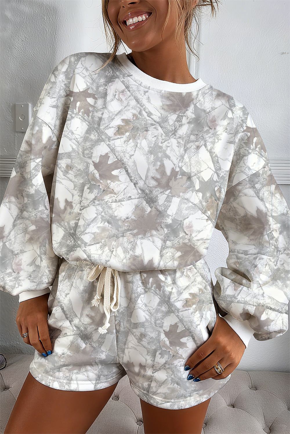 Light Grey Abstract Woodland Camo Print Baggy Pullover Drawstring Shorts Set