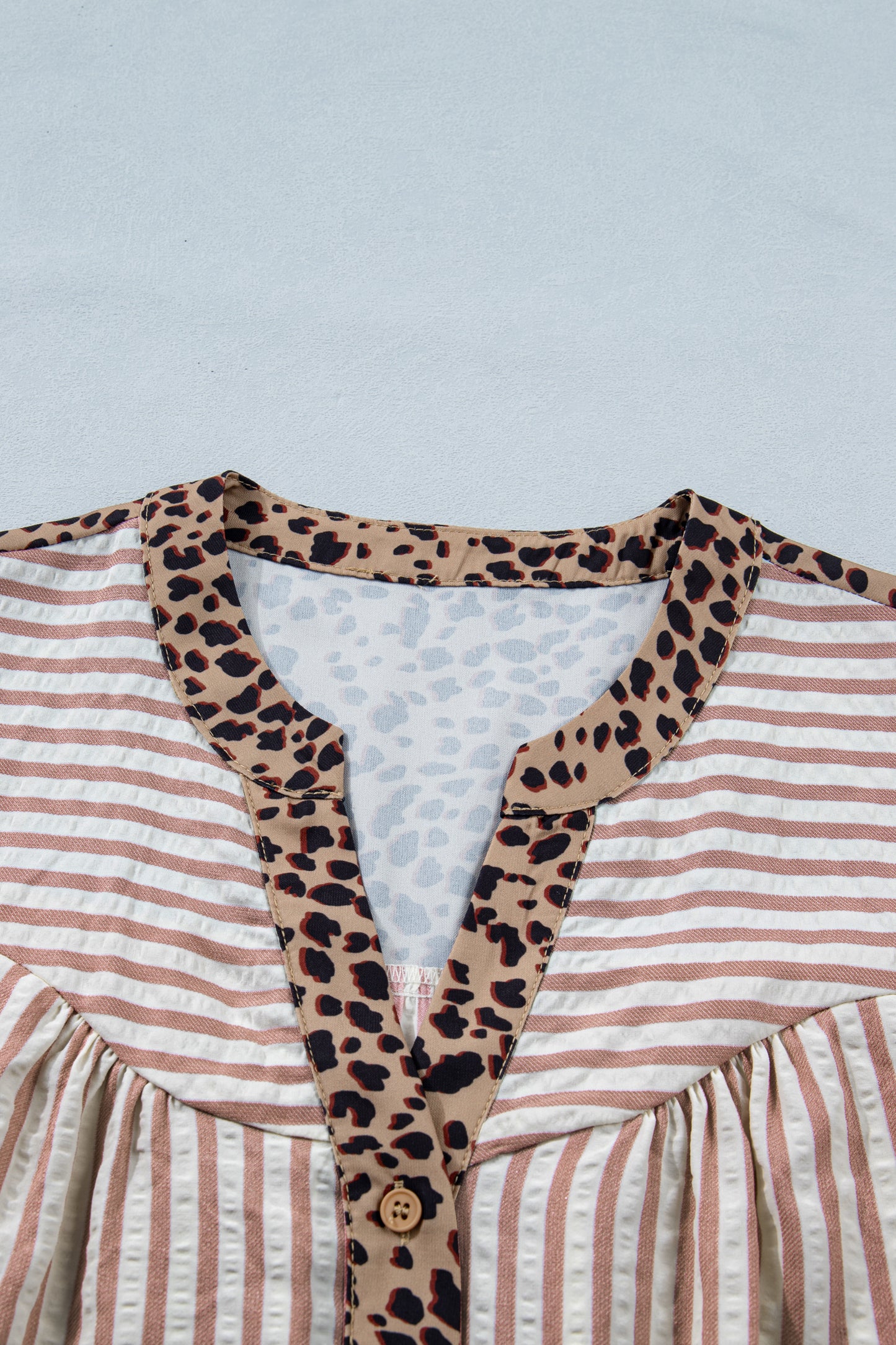 Brown Stripe Leopard Trim V Neck Button Down Half Sleeve Shirt