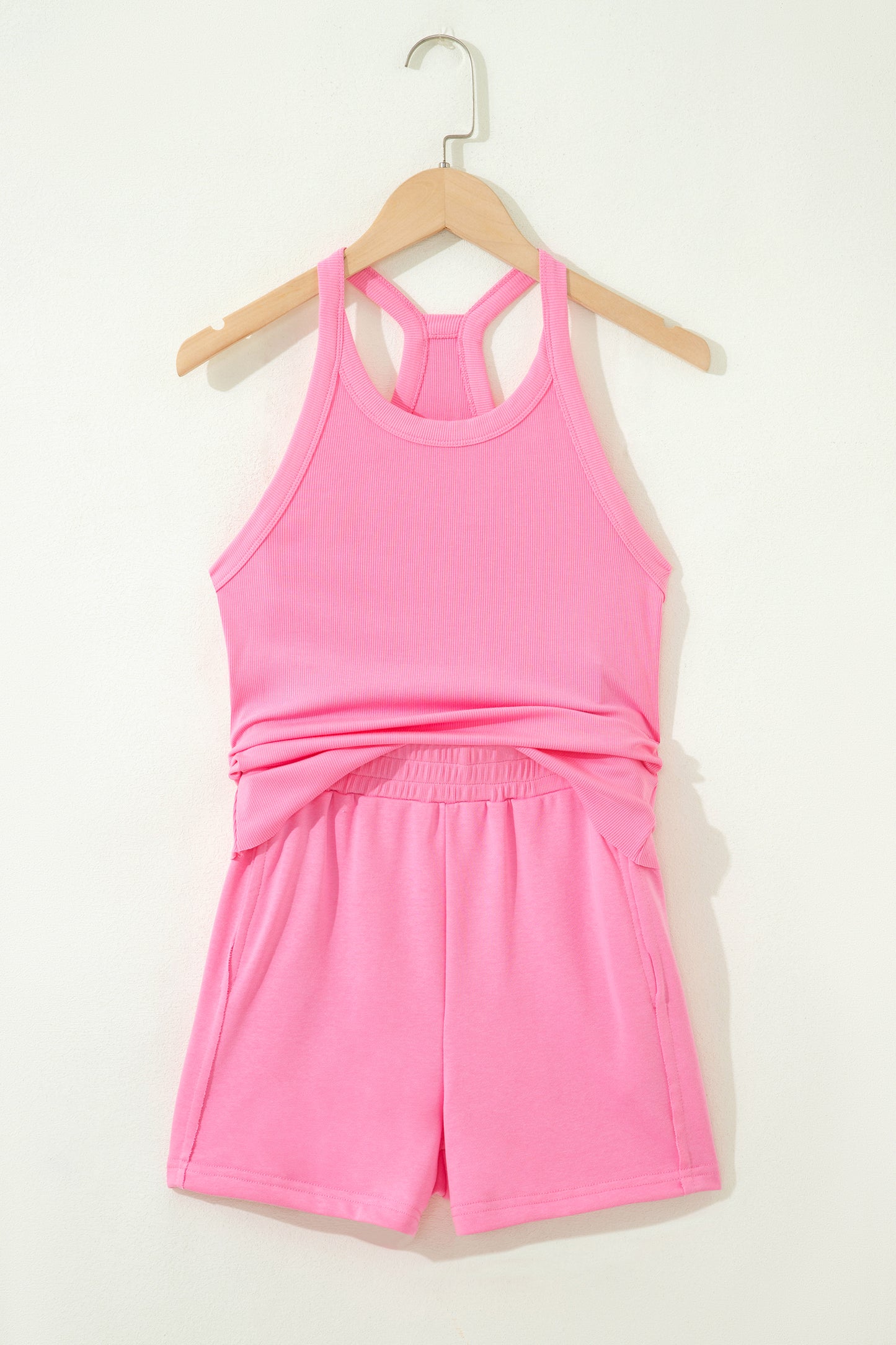 Green Slim Tank Top Elastic High Waist Shorts 2pcs Outfit