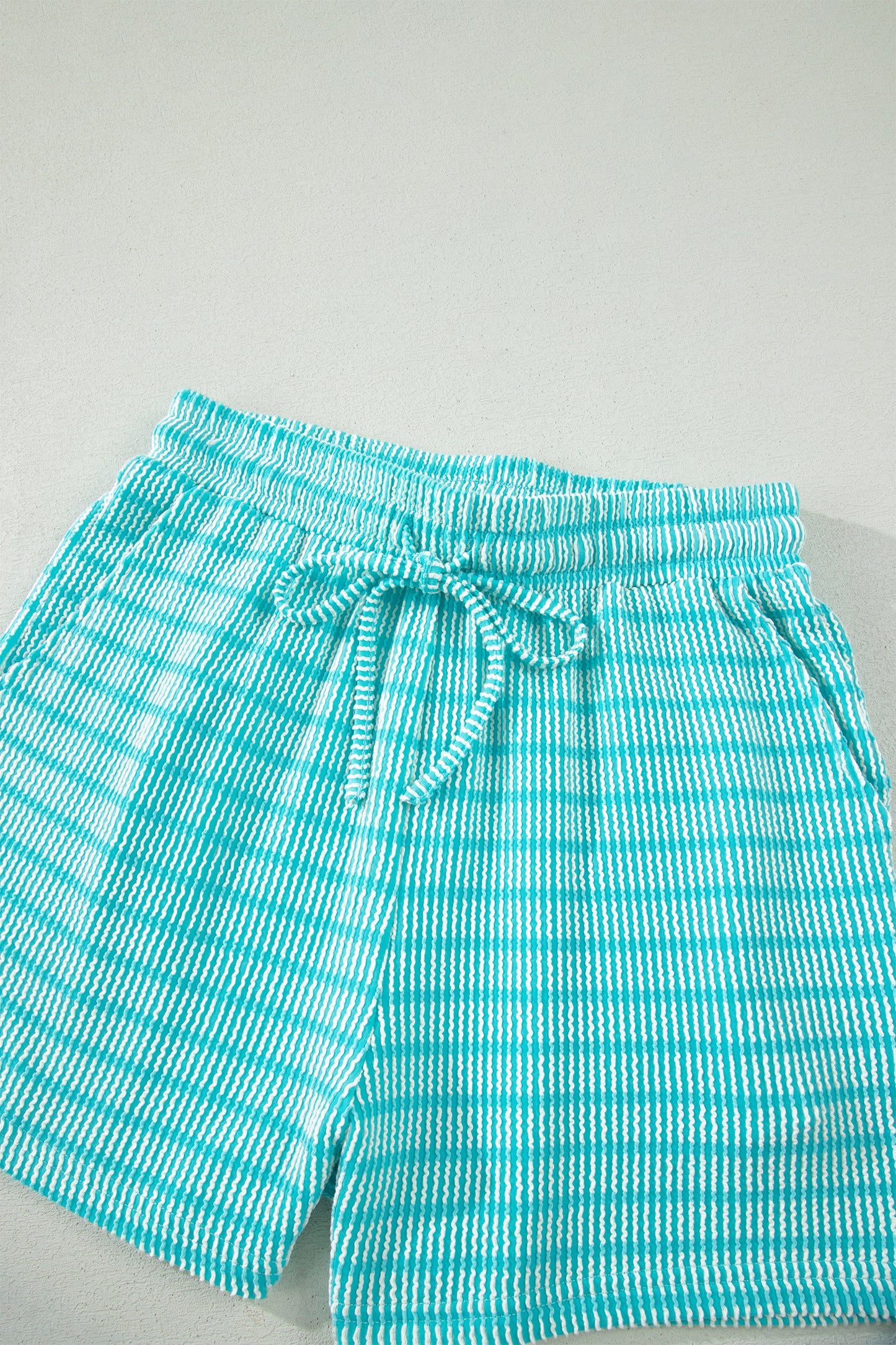 Rose Stripe Raised Rib Loose Tee Drawstring Elastic Waist 2pcs Short Set