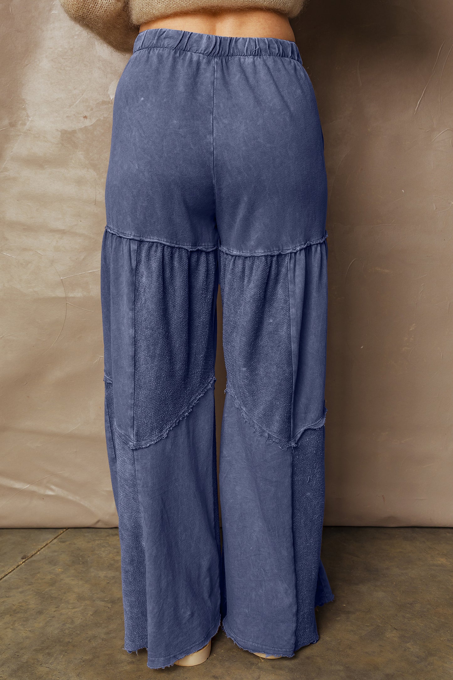 Straw Yellow Mineral Wash Tiered Wide Leg Patchwork Drawstring Pants