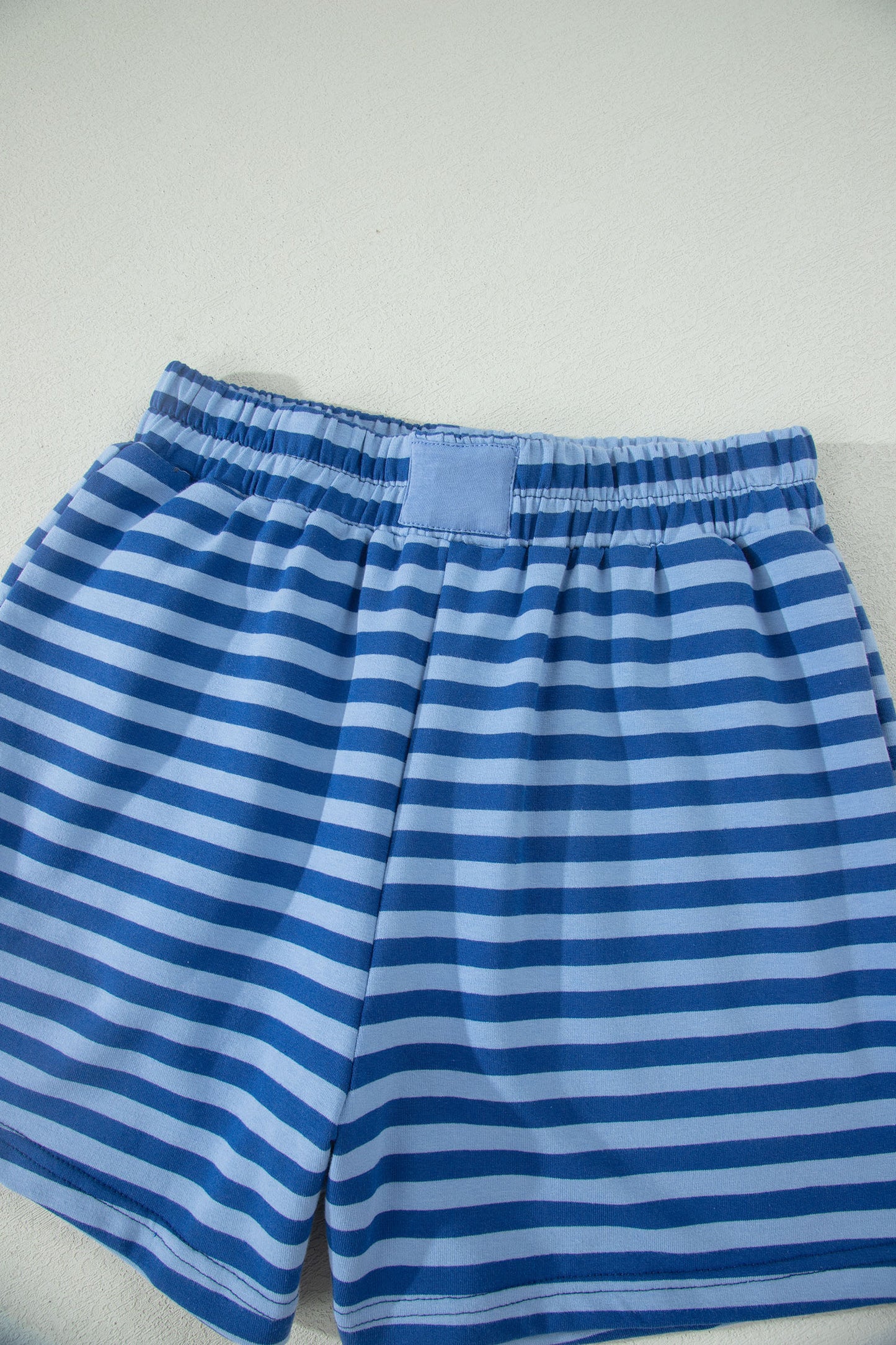 Navy Stripe Striped Ribbed Cotton Two-Piece Short Set with Chest Patch Detail