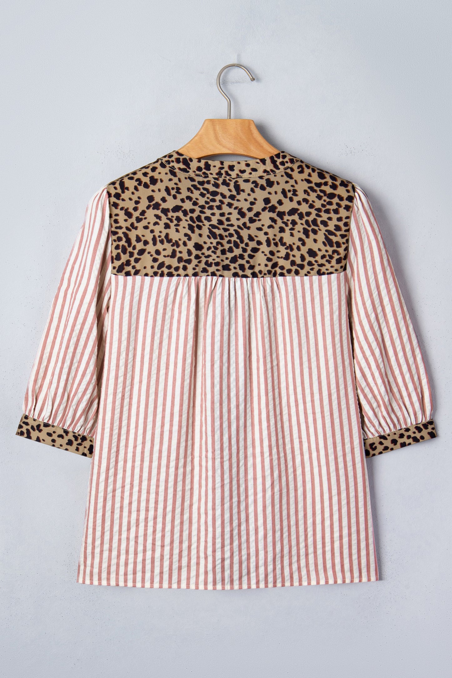 Brown Stripe Leopard Trim V Neck Button Down Half Sleeve Shirt