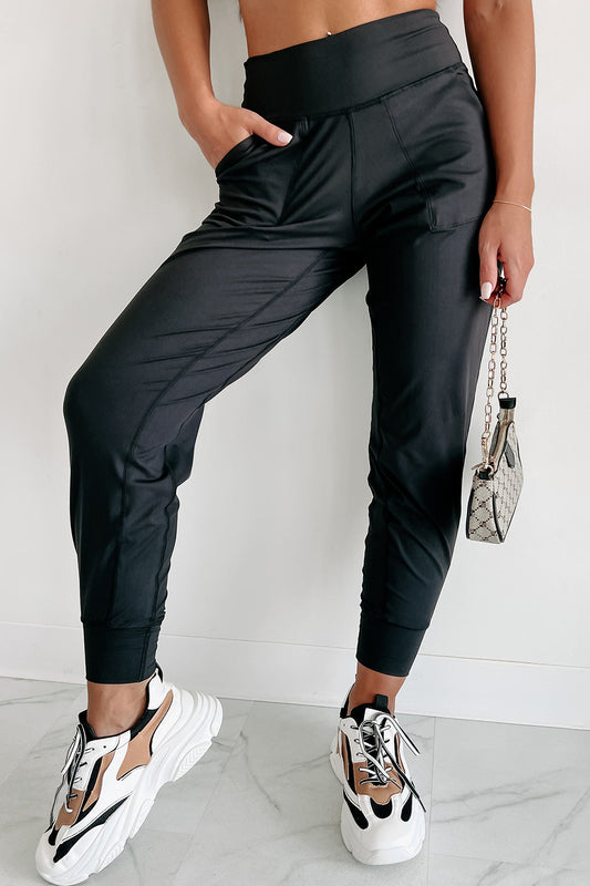 ' Black Exposed Seam High Waist Pocketed Joggers