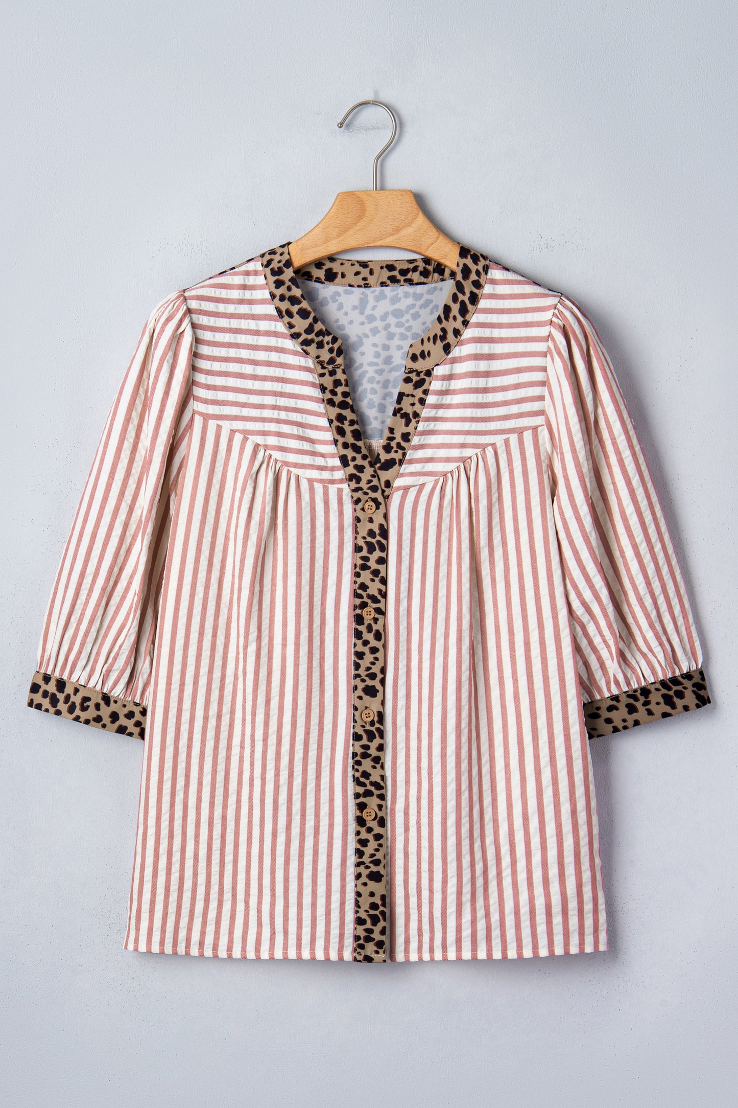 Brown Stripe Leopard Trim V Neck Button Down Half Sleeve Shirt