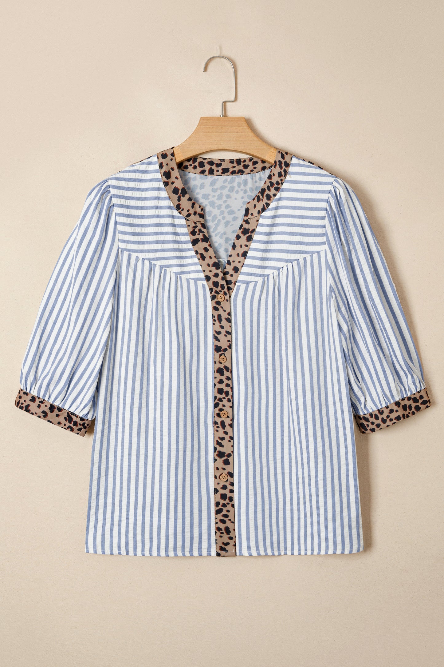 Brown Stripe Leopard Trim V Neck Button Down Half Sleeve Shirt