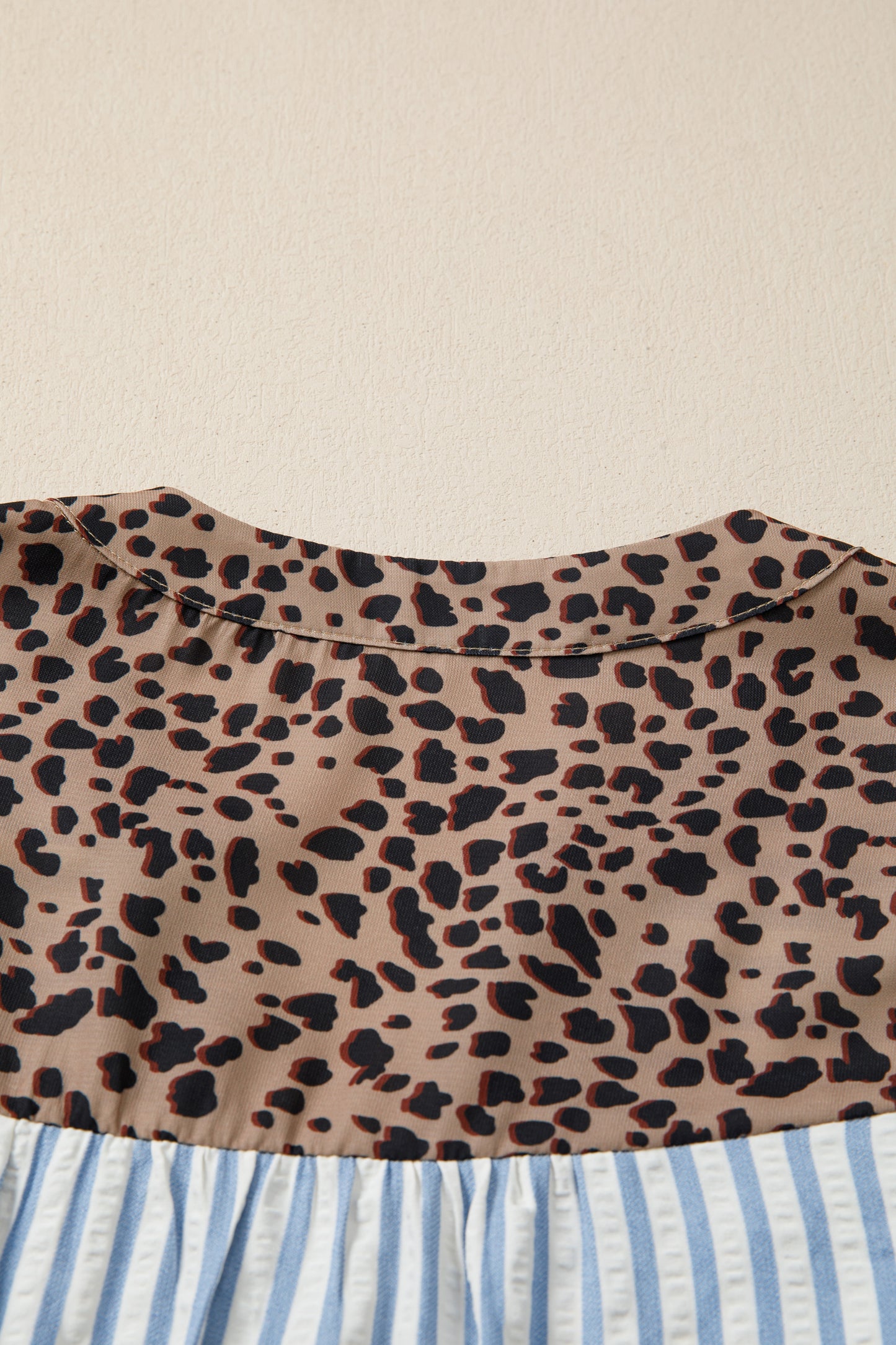 Brown Stripe Leopard Trim V Neck Button Down Half Sleeve Shirt