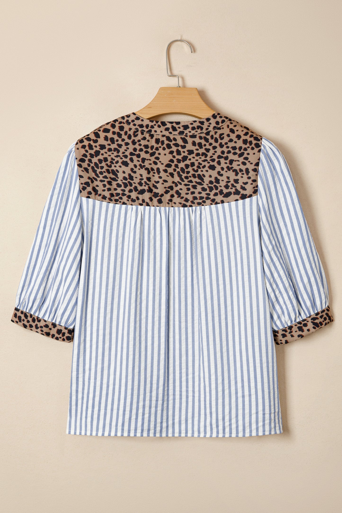 Brown Stripe Leopard Trim V Neck Button Down Half Sleeve Shirt