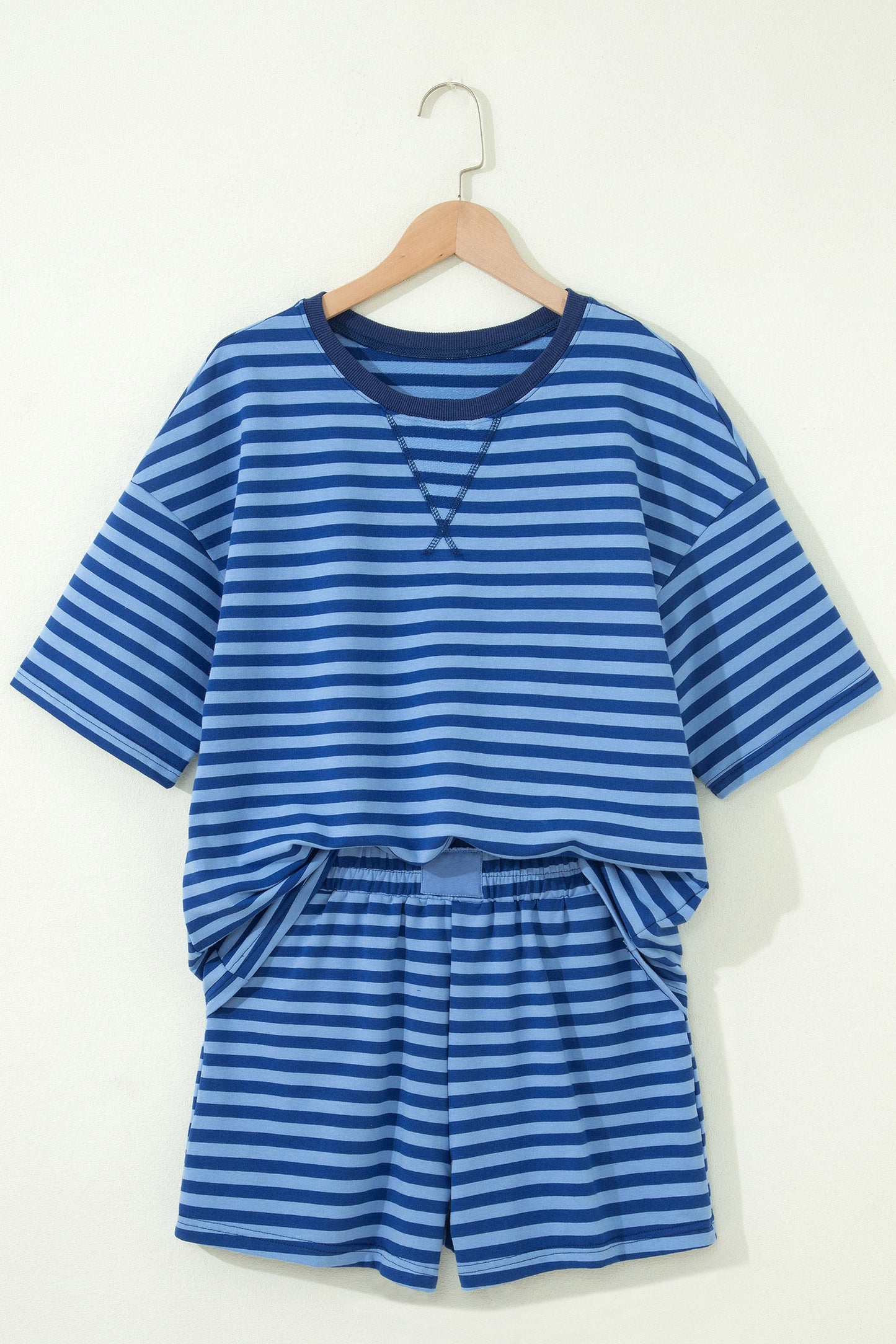 Navy Stripe Striped Ribbed Cotton Two-Piece Short Set with Chest Patch Detail