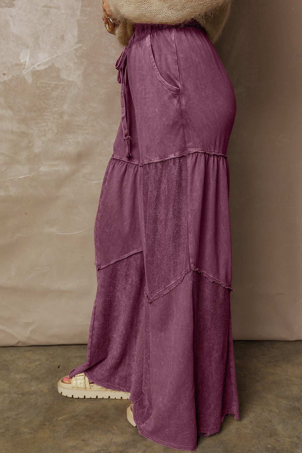 Straw Yellow Mineral Wash Tiered Wide Leg Patchwork Drawstring Pants
