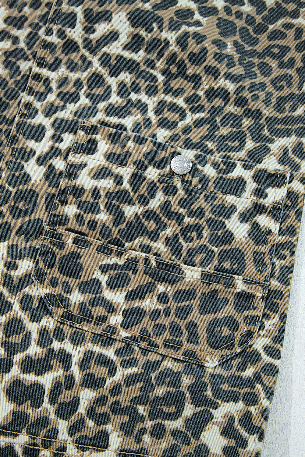 Gray Leopard Print Pocketed Loose Fit Denim Overall Dress