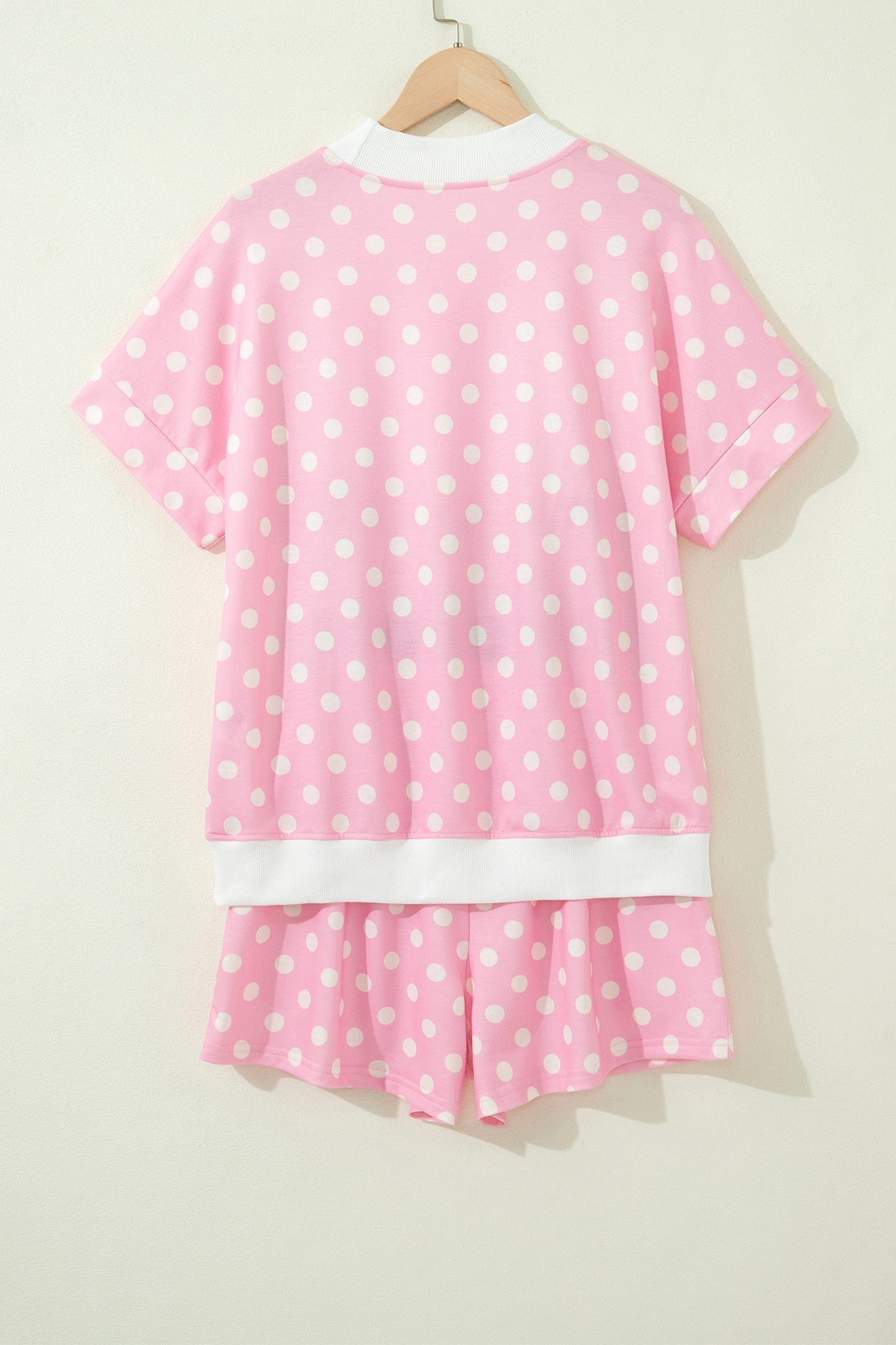 Yellow Polka Dot Print Color Block Trim Mock Neck Short Set