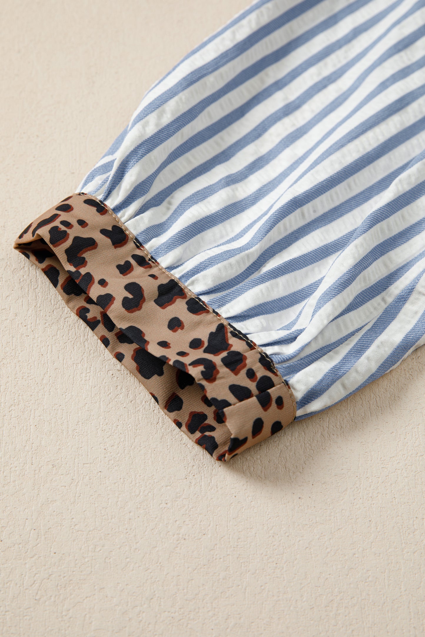 Brown Stripe Leopard Trim V Neck Button Down Half Sleeve Shirt