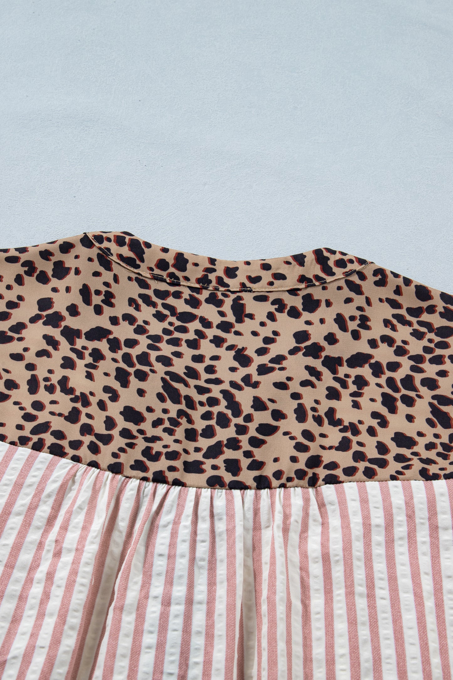 Brown Stripe Leopard Trim V Neck Button Down Half Sleeve Shirt