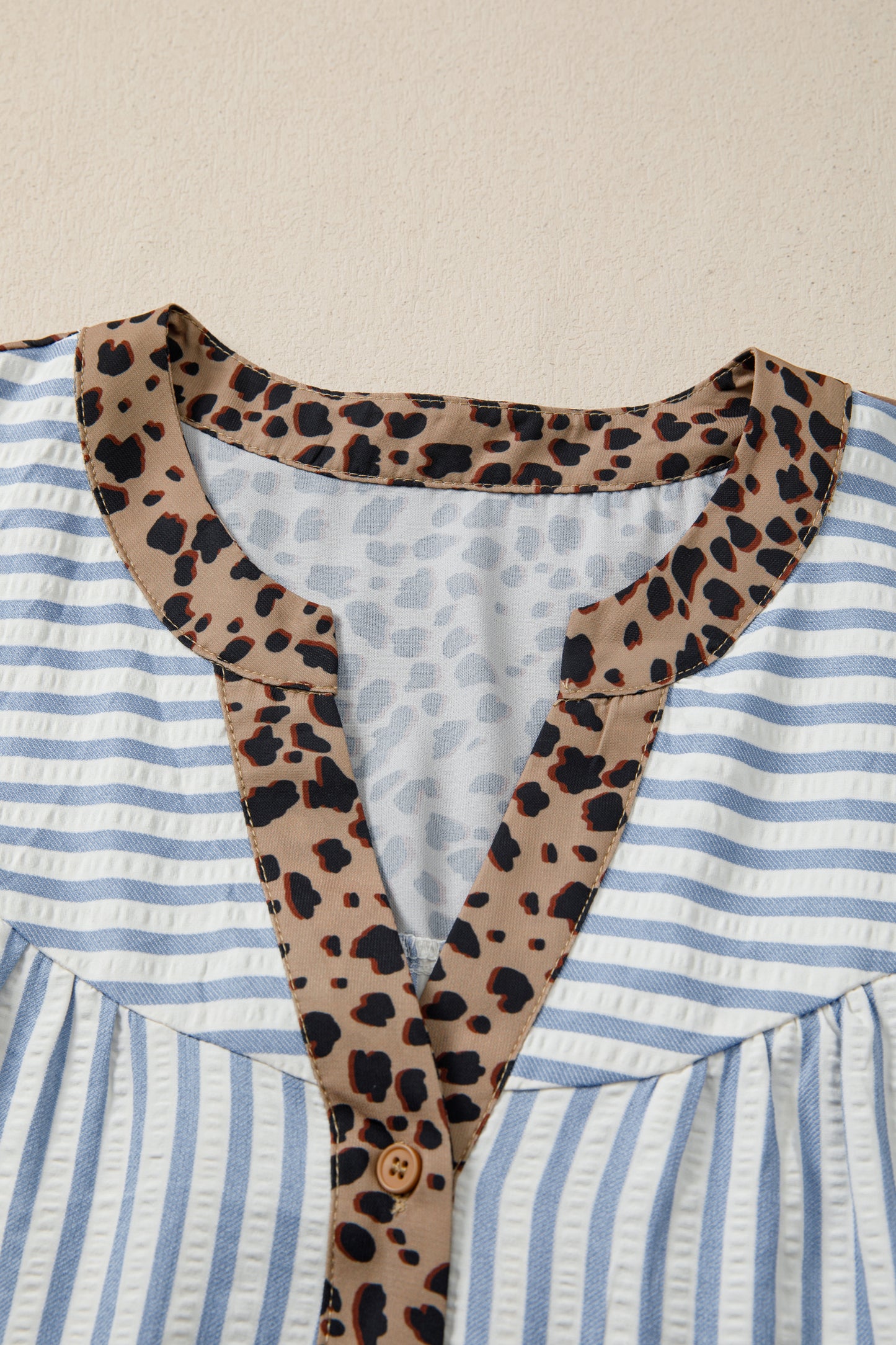 Brown Stripe Leopard Trim V Neck Button Down Half Sleeve Shirt
