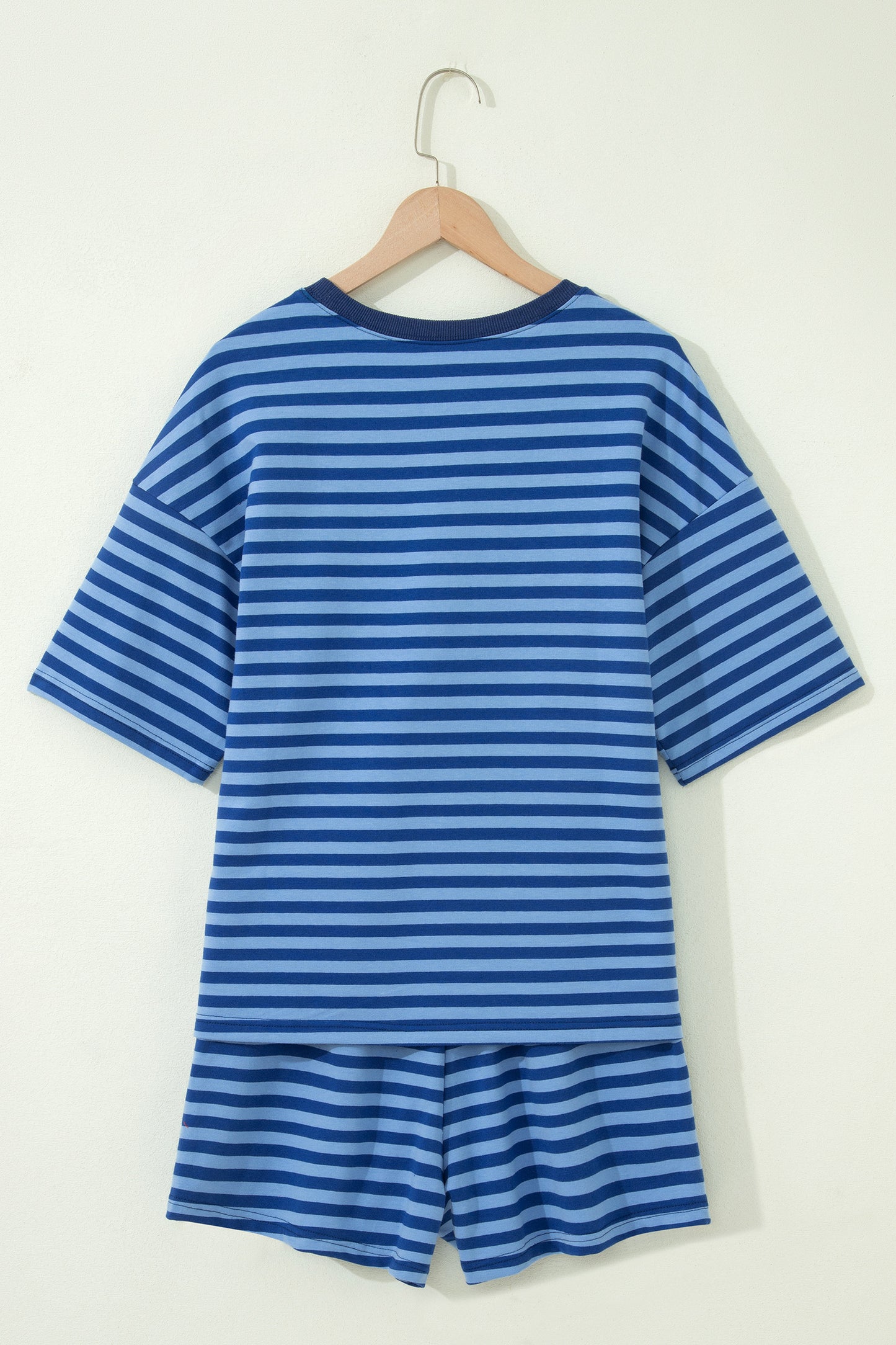 Navy Stripe Striped Ribbed Cotton Two-Piece Short Set with Chest Patch Detail