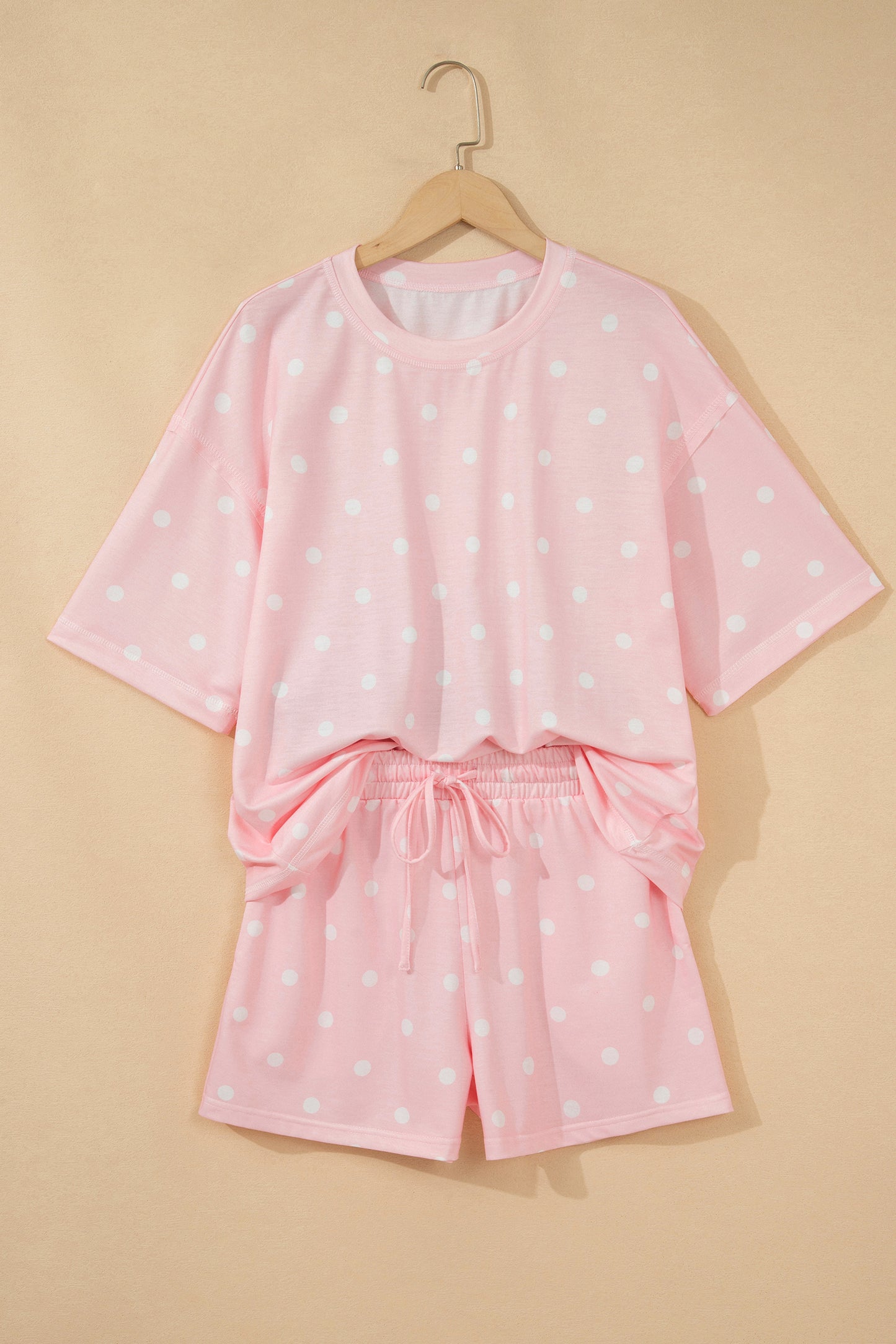 Yellow Exposed Seam Detail Polka Dot Loose Tee Drawstring Shorts Set
