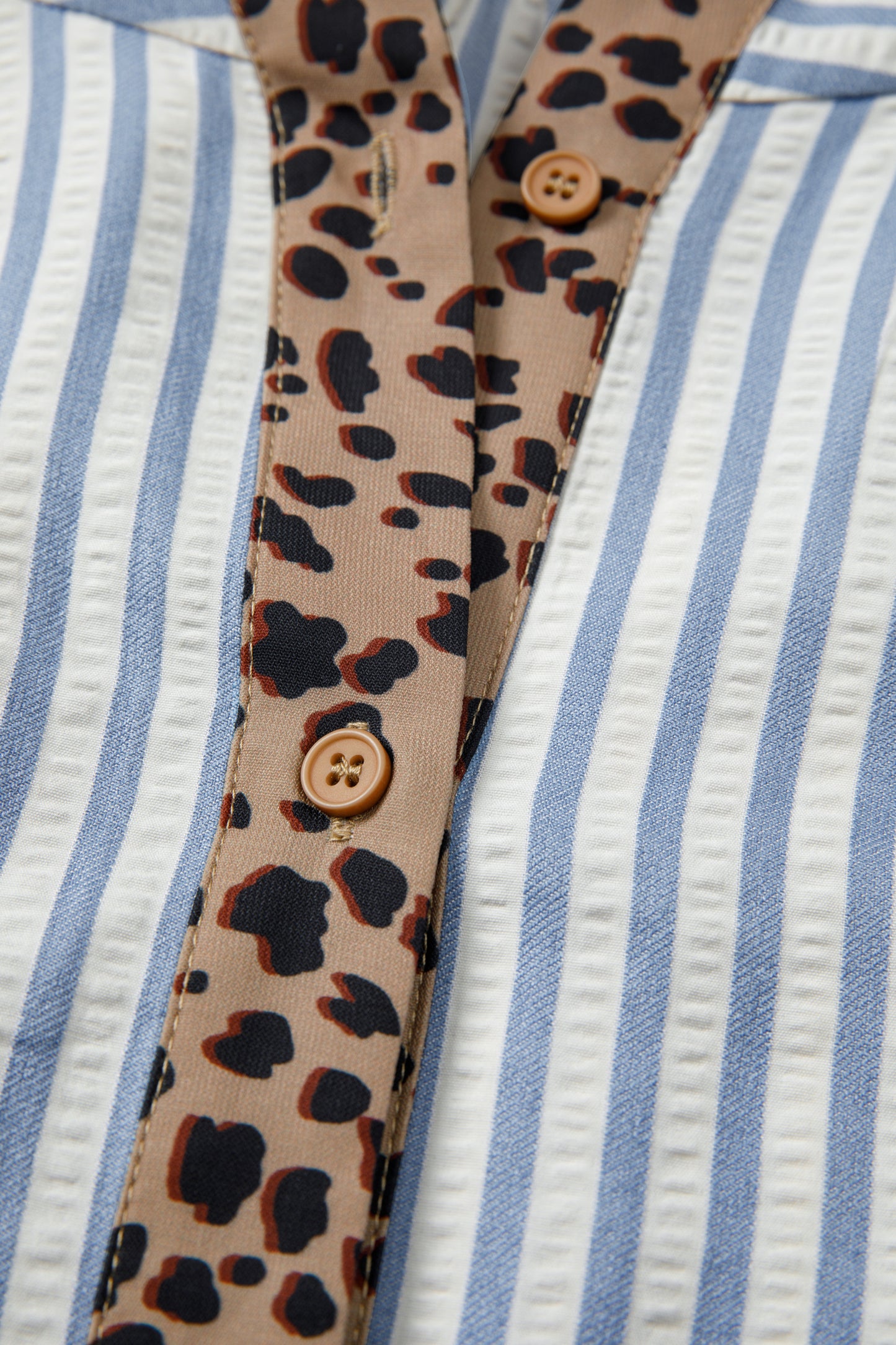 Brown Stripe Leopard Trim V Neck Button Down Half Sleeve Shirt
