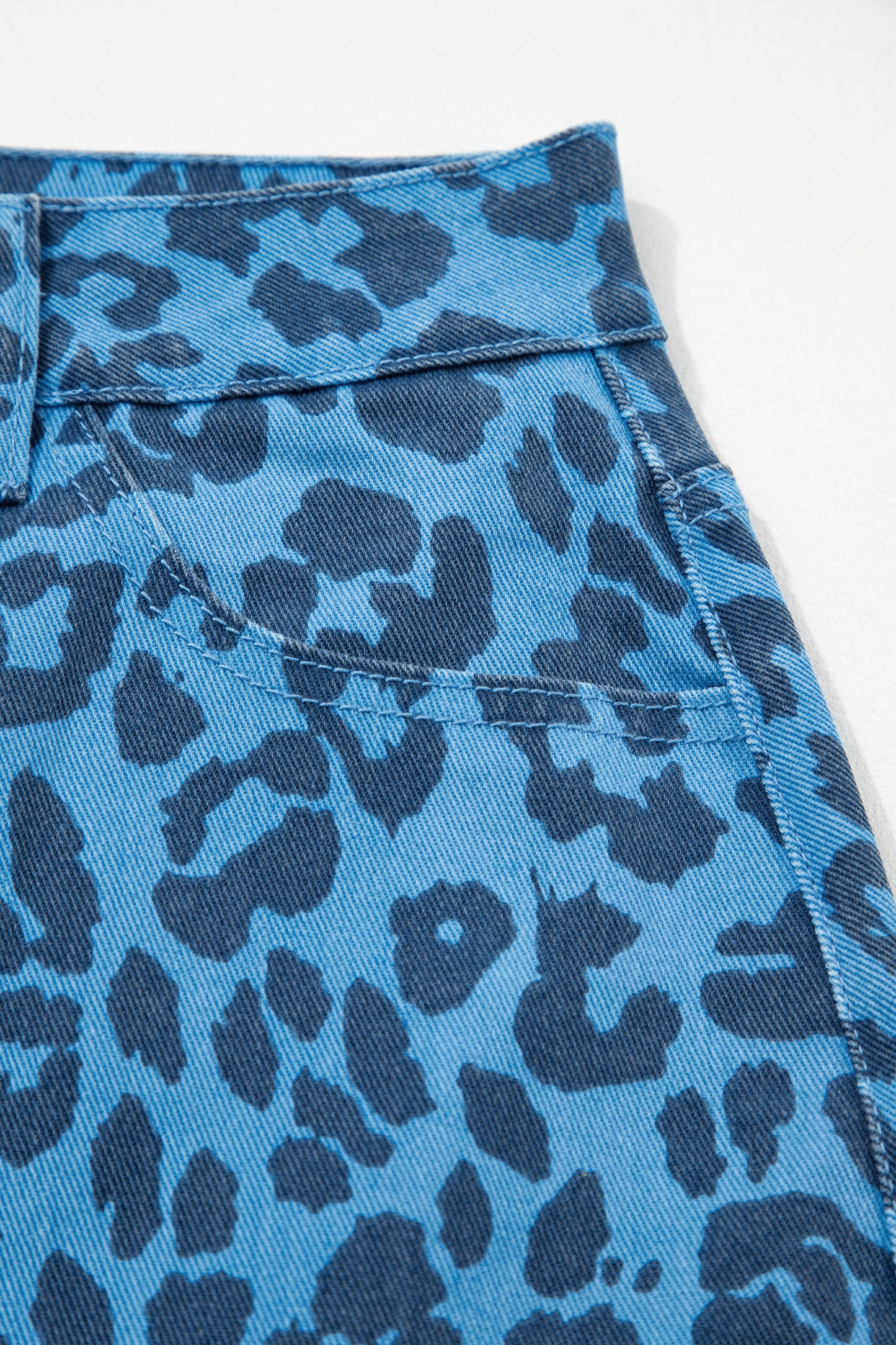 Sky Blue Leopard Denim Frayed Split Denim Midi Skirt