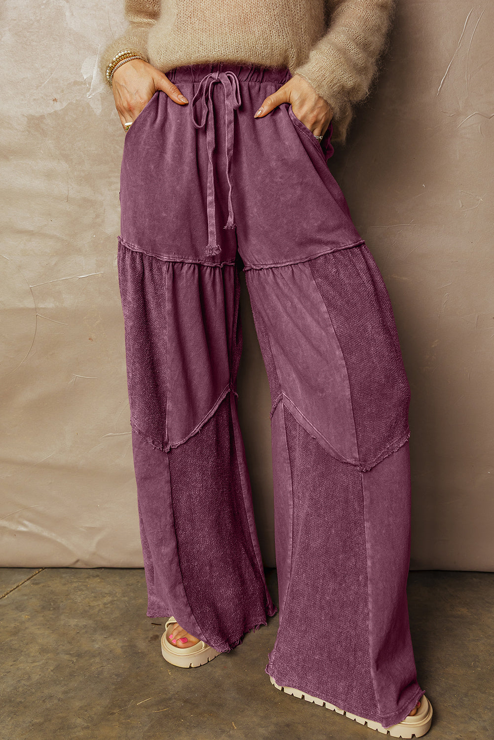 Straw Yellow Mineral Wash Tiered Wide Leg Patchwork Drawstring Pants