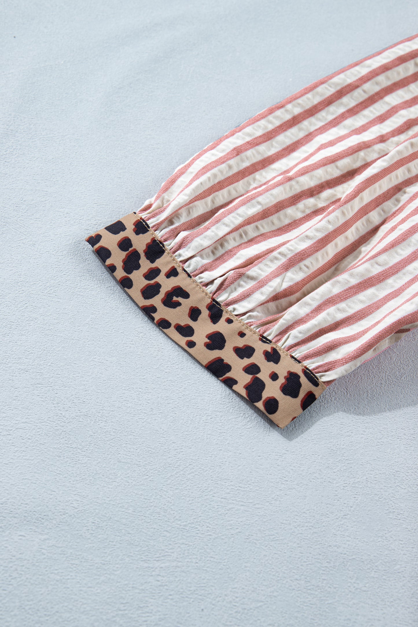 Brown Stripe Leopard Trim V Neck Button Down Half Sleeve Shirt